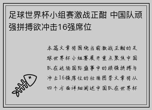 足球世界杯小组赛激战正酣 中国队顽强拼搏欲冲击16强席位