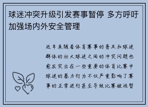 球迷冲突升级引发赛事暂停 多方呼吁加强场内外安全管理
